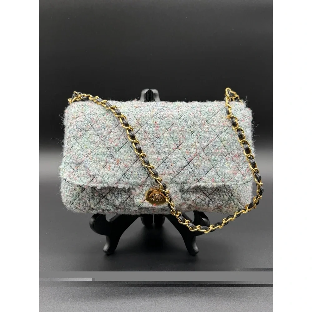 Vintage Diane Gilman Tweed Quilted Shoulder Bag Gold Chain Turn Lock Purse